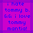 Pixelated text on a purple background with blue lines, displaying 'i hate tommy b. && i love tommy mantia!' in blue lowercase letters