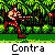 Pixelated character in red pants and no shirt performs martial arts moves against a forest background with repeated "Contra" text below.