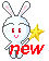 Pixelated white rabbit with pink inner ears holds yellow star; red and blue text 'new' below; gray background; multiple variations of text color and eye expression.