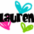 Pixelated text 'lauren' in black and brown letters with cyan, pink, and green heart shapes above and below on white background.