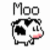 Pixelated cow icon with 'Moo' text above, black-and-white body, pink nose, red 'FLYING COWS ROCK!' text on black background.