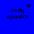 Blue background displays four identical text blocks with 'cody spoid<3' and varying pixel art symbols above each block.