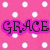 Pixelated pink background with white circular dots and bold black text reading "GRACE" on a magenta rectangle.