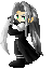 Pixel art character with long gray hair, green eyes, black outfit, and white accents in multiple poses against gray background.
