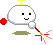 A white rounded character with black eyes and a smile holds a red sphere, emitting colored particle effects from its hand