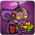 Animated pixel art icon of a cartoon character with purple ears, brown helmet, and yellow eyes holding green-and-orange objects against a solid purple background.