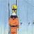 Pixelated animation of two anime characters in orange and gray outfits interacting against a blue background