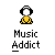 Pixel art figure wearing black headphones, yellow outfit, and white face, with text "Music Addict" below.