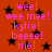 Red background with black stars and pink text repeating 'wee! wee mee! kylie! beeee! me!' in a pixelated style.