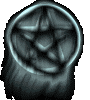 A circular icon with a pentagram symbol inside a glowing ring, surrounded by a textured, dark gray border that shifts in opacity and shape across frames.