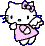 Pixelated white cat with pink bow and dress, holding a heart-shaped object in one pose, standing against gray background.