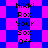 Pixelated text and geometric background in blue and pink hues, with repeated phrases and shifting patterns across two states.