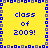 Yellow background with blue pixelated text reading "class of 2009!" repeated in four quadrants, bordered by a patterned frame.