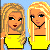 Pixelated cartoon women in yellow tops with blonde hair, two on light blue background and two on gray background.