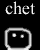 Black background with white text 'chet' above a pixelated speech bubble icon showing two dots for eyes, the right side of the bubble extends into a tail.
