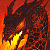 A pixelated static image shows a dark, winged creature with glowing orange and yellow flames at its base against a red-orange gradient background.