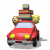 Red car with yellow headlights and beige side mirrors carrying stacked luggage on roof, viewed from front angle.