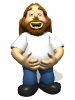 Animated 3D character with long red hair and beard, wearing white shirt and blue pants, hands clasped in front of chest.