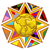 A circular pixelated icon with a central yellow sphere surrounded by multicolored triangular shapes in red, blue, green, purple, orange, and brown.