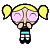 Pixel art contact sheet of two frames showing a cartoon character with yellow pigtails, pink cheeks, and a teal-and-black outfit in different poses against white background.