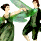 A pixelated animated buddy icon featuring two figures in green attire dancing against a white background, with a separate panel displaying "Onlyland Jeans .com" text on dark green.