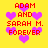 Yellow background with red text "ADAM AND SARAH M. FOREVER" and purple pixelated hearts in a static arrangement.