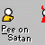 Pixel art animation of two figures: one yellow with white head, one red with white head and horns. Yellow figure emits light-yellow stream toward red figure