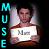 Pixelated static icon showing a person holding a sign with 'M' text, vertical 'MUSE' text on left side, and dark background.