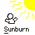 Pixelated cartoon character with pink skin and white clothing under a yellow sun, transitioning through beach and water poses with text "Sunburn" below.