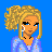 Pixel art of a blonde woman with curly hair, blue eyes, and earphones wearing a light purple top against a solid blue background.