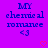 Purple background with blue pixelated text reading 'MY chemical romance <3' and two red heart symbols at bottom corners.