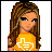 Pixelated cartoon character with long brown hair wearing orange shirt featuring white Texas-shaped thumbs-up symbol on yellow background with partial text "Don't mess with Texas".