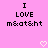 Pixelated text on pink background with two identical heart symbols below, each reading 'I LOVE m&ot&t' in black block letters.