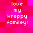 Pixelated text 'love my kreppy familey!' on a red and pink checkered background with no visible animation changes.