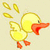 Animated yellow duckling with orange beak and feet, wings spread mid-flight against light beige background, emitting three golden coin shapes.