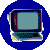 Pixelated icon of a retro computer monitor with a blue circular background, showing a grid pattern on the screen and a colorful vertical bar on the left side.