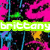 Pixelated image with bright pink background, green horizontal bar containing white text, and abstract shapes in blue, black, green, yellow, and purple.