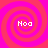 Four identical spiral patterns in red and pink with the text "Noa" centered in each, arranged in a on a solid background
