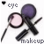 Pixelated image of makeup tools with 'eye' text above and 'makeup' below, showing two crossed brushes and a purple eyeshadow compact.