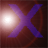 A pixelated purple X symbol with a bright white light effect on the left side against a dark brown background.