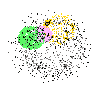 A sequence of animated pixel clusters showing color transitions from green-yellow-pink to purple-blue, then to solid red and pink dots, and finally to red-orange clusters with green accents.