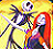Pixelated static image of two figures: a tall, thin character with spindly limbs and a round head stands beside a shorter figure in red attire against a yellow background.