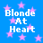 A static contact sheet of four identical animated frames showing a blue background with pink stars and white text reading "Blonde At Heart" in pixelated font.