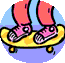 A cartoon character in a purple shirt and cap rides a yellow skateboard across showing motion progression