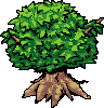 Static pixel art of a tree with dense green foliage, brown branches, and exposed roots on a light gray background.