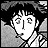 Pixelated black-and-white anime-style icon featuring a character's face on the left and text elements on the right, with visible dithering and low-resolution rendering artifacts.