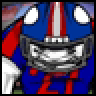 Pixelated cartoon football player wearing blue and red uniform with helmet, wide eyes, and open mouth showing teeth.