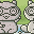 A 3x3 contact sheet of pixel art frames showing a gray cat-like mascot with glasses in various poses against a green and blue background.