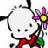 Pixelated cartoon character with white face, black eyes, and red bow holding purple flower with yellow center.