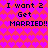 Pixelated text on a pink heart-patterned background with repeated 'I want 2 Get MARRIED!!' phrases in dark blue.